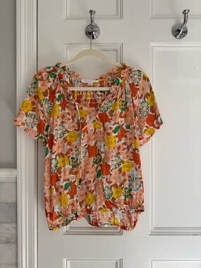 Jane and Delancey Peach Floral Blouse with Yellow, Orange & Green Accents